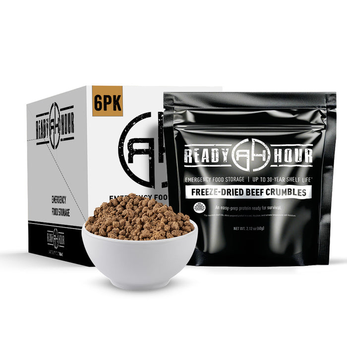 Ready Hour freeze-dried beef crumbles with a bowl of beef