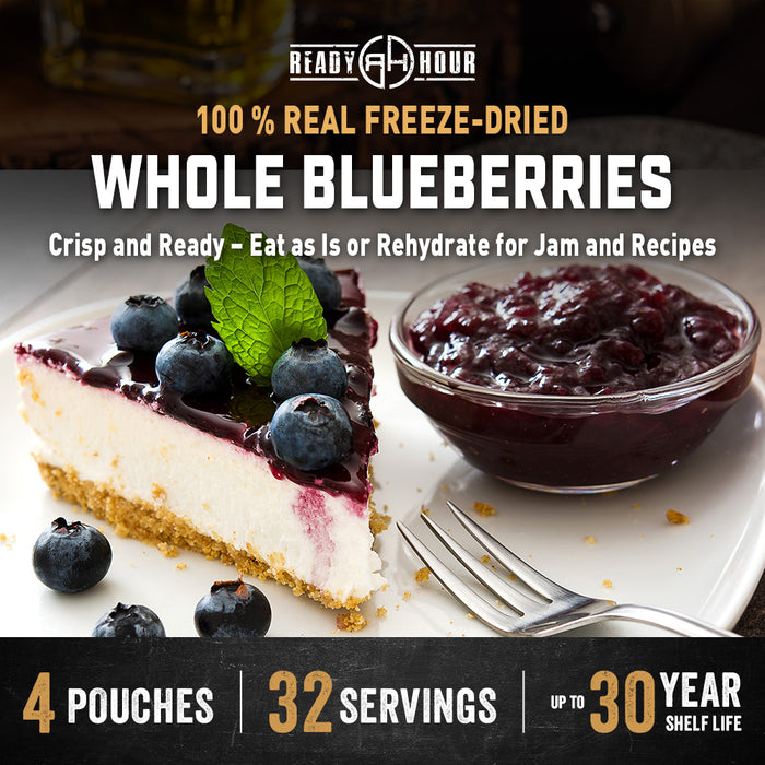 Freeze-dried blueberries with a cheesecake and jam