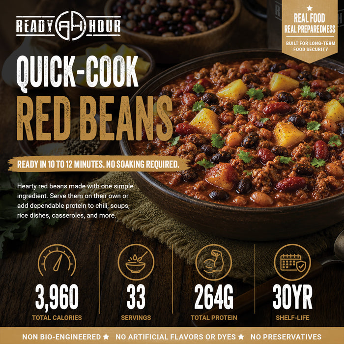 Four steps to prepare Ready Hour Quick-Cook Red Beans: bring water to a boil, add beans, simmer 10-12 minutes