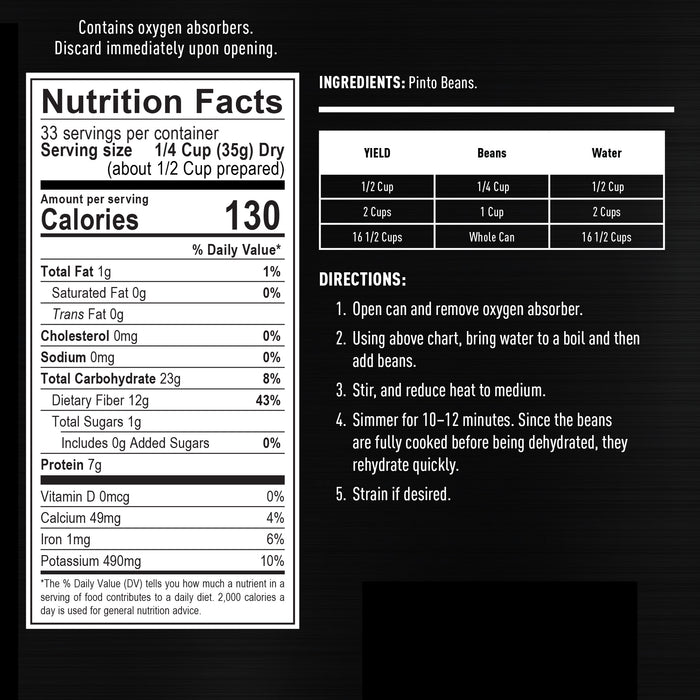 Ready Hour Quick-Cook Pinto Beans nutrition facts — 130 calories per serving, 7g protein, 33 servings, 10-12 minute prep, single ingredient pinto beans