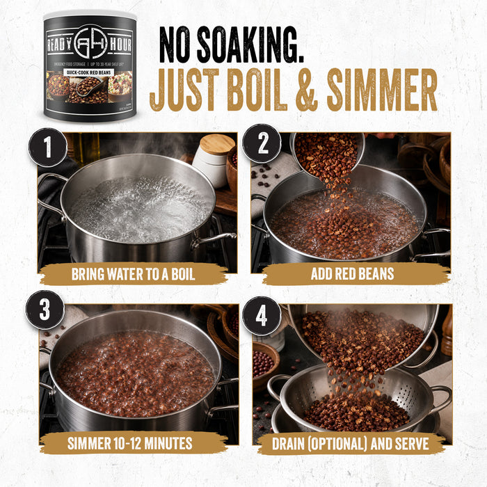 Four steps to prepare Ready Hour Quick-Cook Red Beans: bring water to a boil, add beans, simmer 10-12 minutes, drain and serve