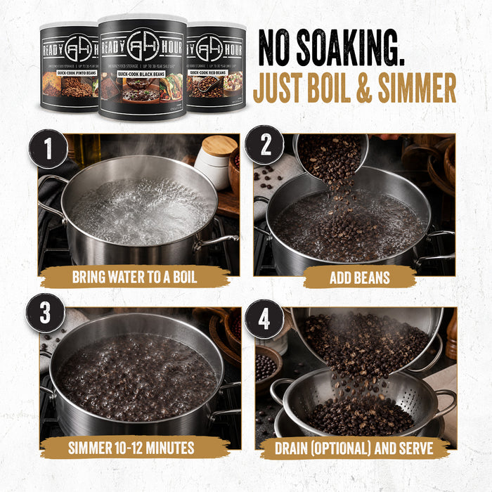 Ready Hour Quick-Cook Beans preparation guide showing four steps: boil water, add beans, simmer 10–12 minutes, then drain if desired and serve.