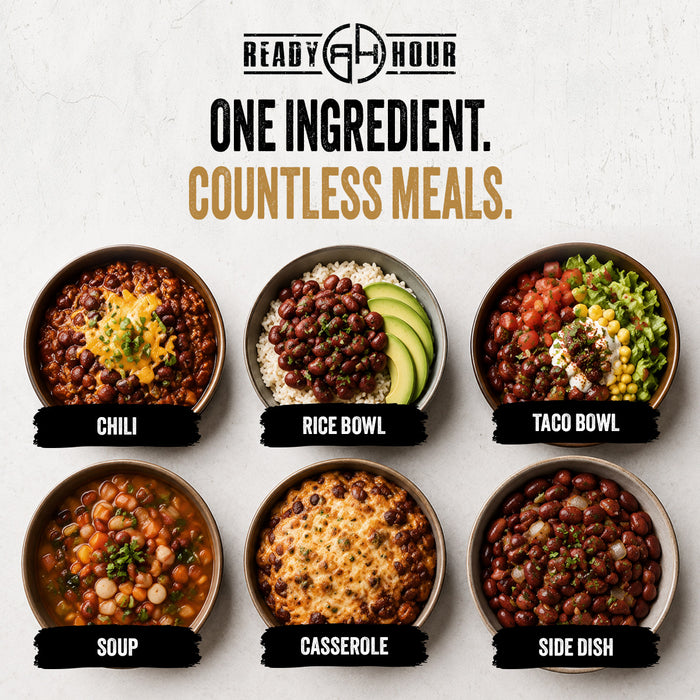 Six ways to prepare Ready Hour Quick-Cook Red Beans: chili, rice bowl, taco bowl, soup, casserole, and side dish.