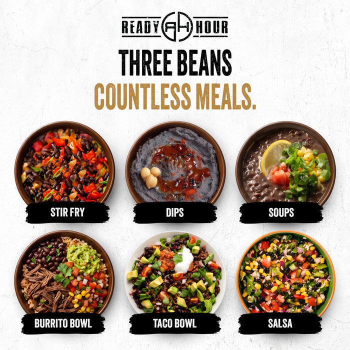 Ready Hour Quick Cook Beans Collection with black, red, and pinto beans, featuring 33 servings each plus calorie, protein, and meal-use details.