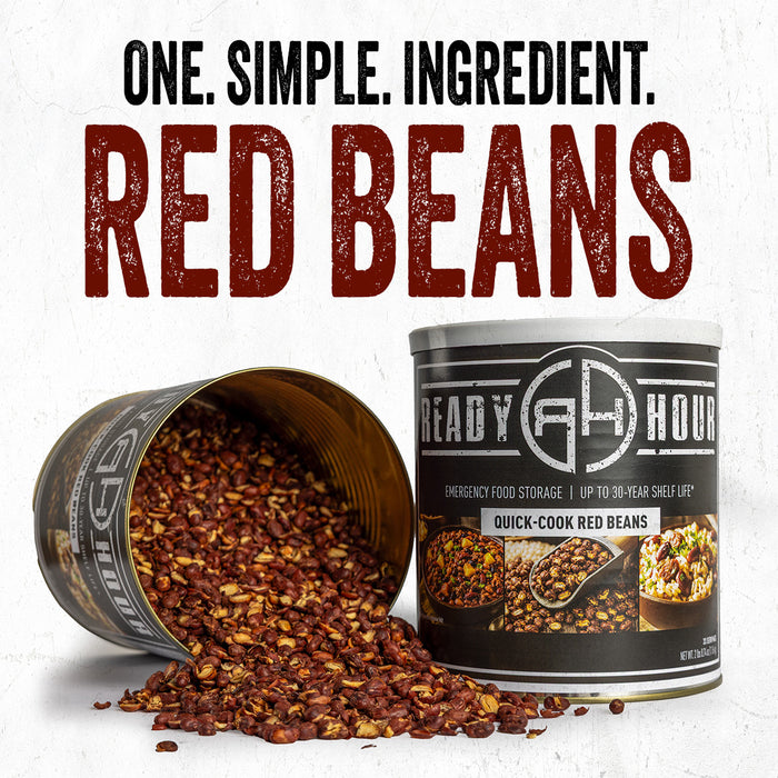 Ready Hour Quick-Cook Red Beans #10 can with dehydrated red beans spilled out, one simple ingredient