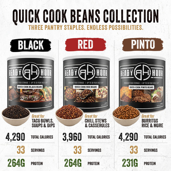 Ready Hour Quick Cook Beans Collection featuring black, red, and pinto beans with calorie, serving, protein, and meal-use details.