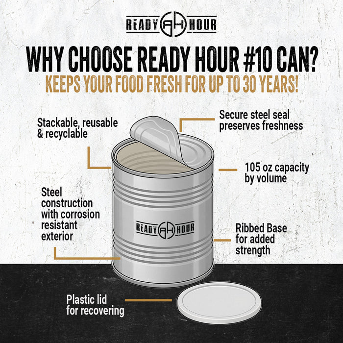 Ready Hour #10 Can features — stackable, steel construction, secure seal, ribbed base, 105 oz capacity, plastic lid for resealing, up to 30-year shelf life
