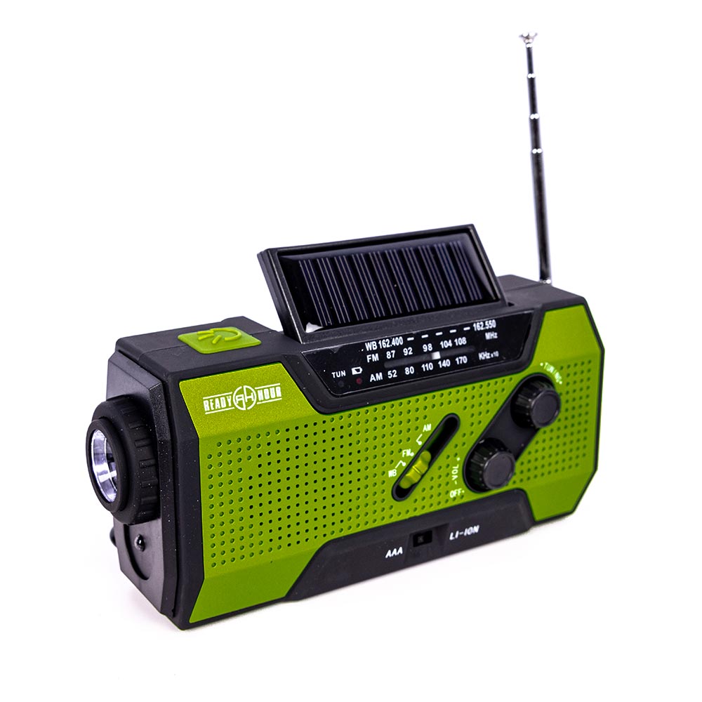 crank rechargeable flashlight Ready Hour 4-in-1 Emergency Solar Flashlight & AM/FM/Weather Radio w/ Hand Crank