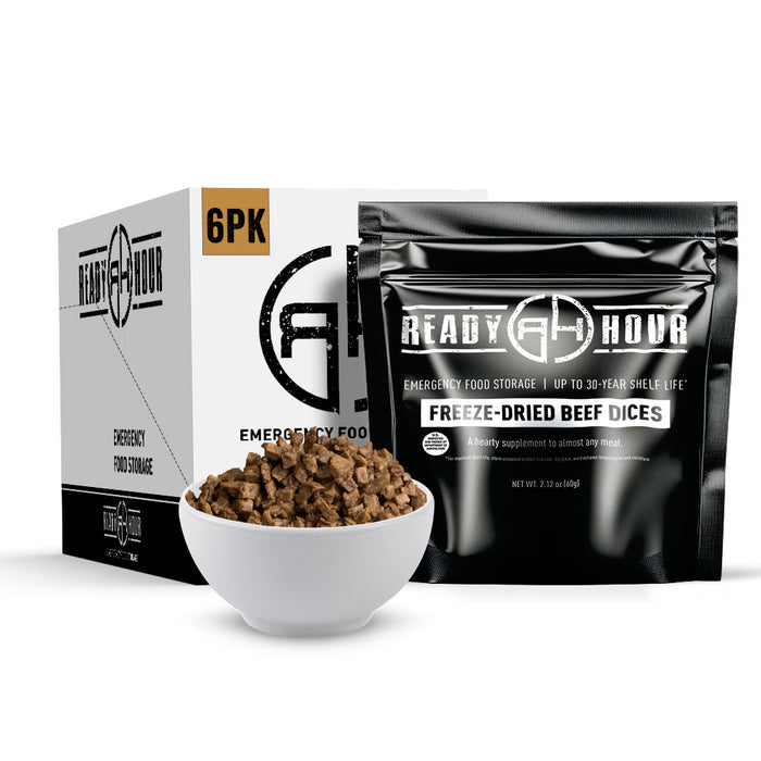 Ready Hour freeze-dried beef dice packaging with a bowl of beef