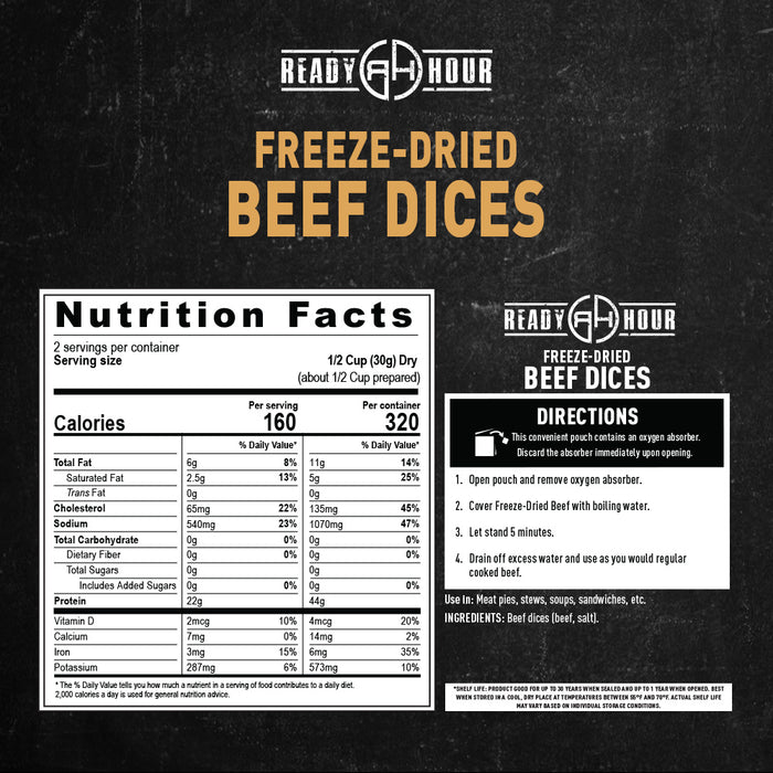 Nutrition facts and directions label for Ready-A-Hour freeze-dried beef dices