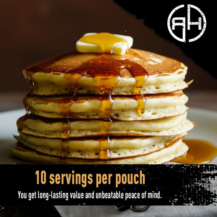 Stack of pancakes with syrup and butter on a plate