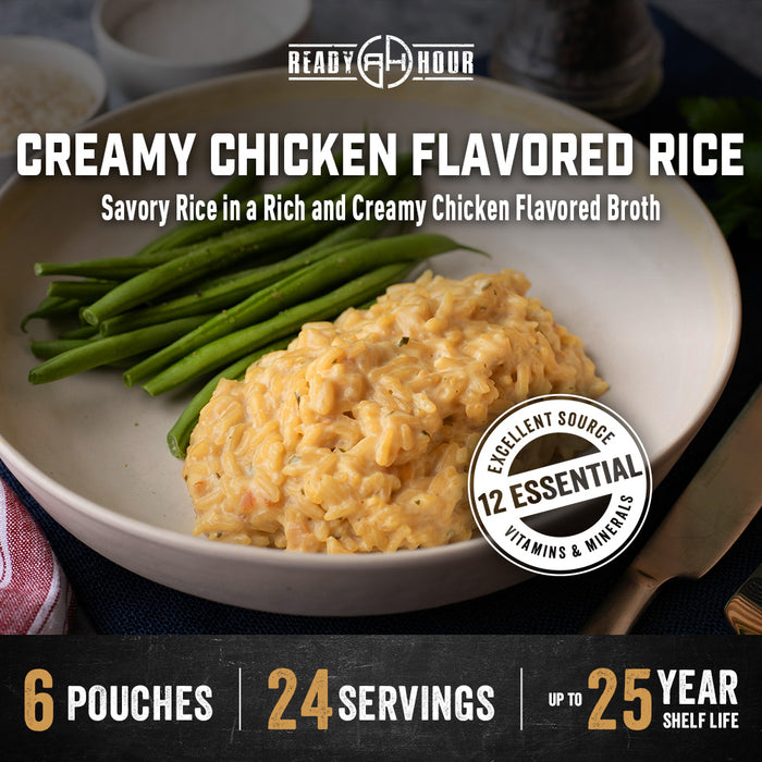 Creamy chicken flavored rice with green beans on a plate