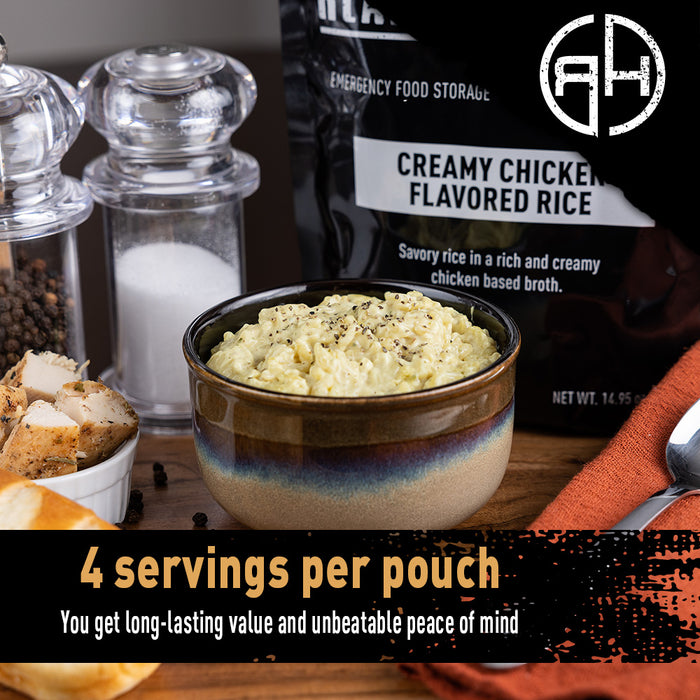 Bowl of creamy chicken flavored rice next to salt and pepper