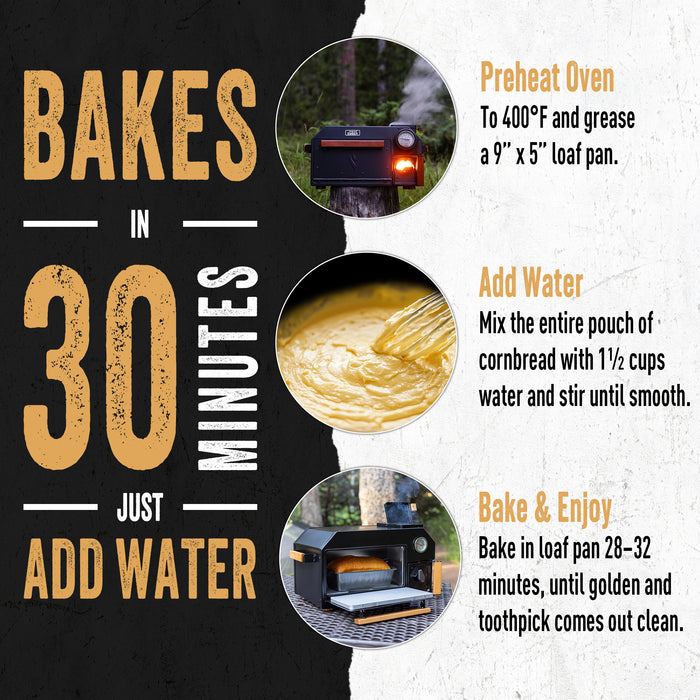Instructions for baking a cornbread loaf in outdoor oven