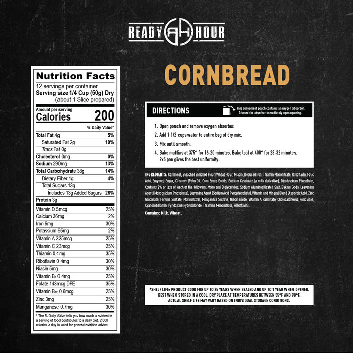 Nutrition facts and directions label for Ready Hour cornbread