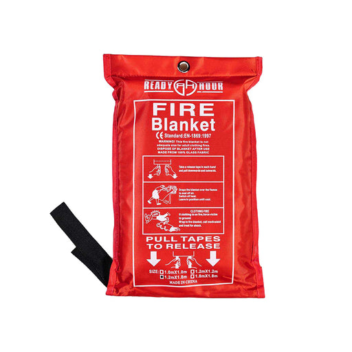 Red fire blanket with instructions