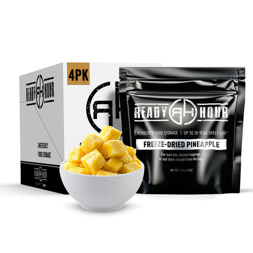 Ready Hour freeze-dried pineapple package with a bowl of pineapples