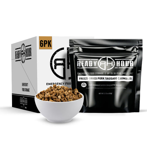 Ready Hour emergency food storage package with freeze-dried pork sausage crumbles