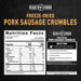 Nutrition facts and directions for Ready Hour Freeze-Dried Pork Sausage Crumbles