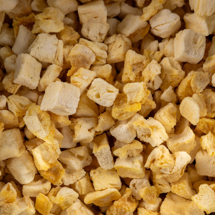 Close-up of Ready Hour freeze-dried pineapple chunks