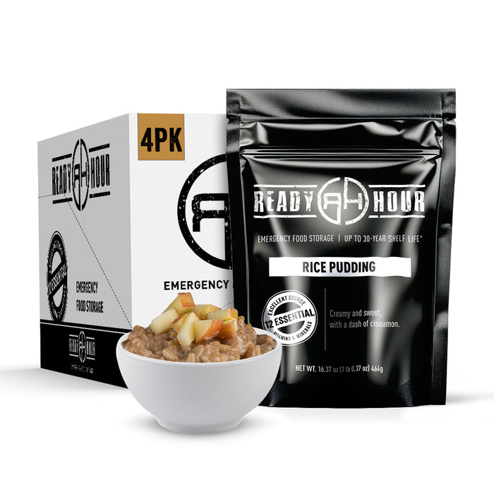 Ready Hour emergency food storage package with rice pudding in a bowl