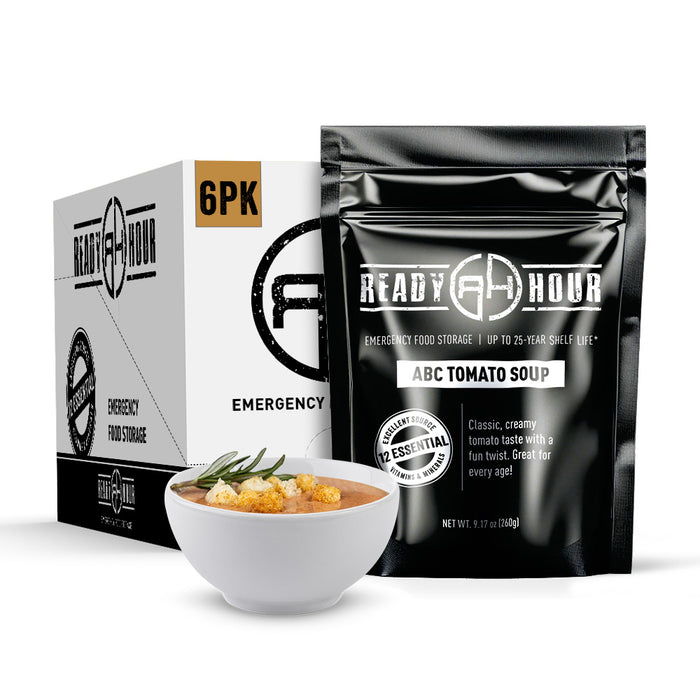 Ready Hour ABC Tomato Soup package with a bowl of tomato soup