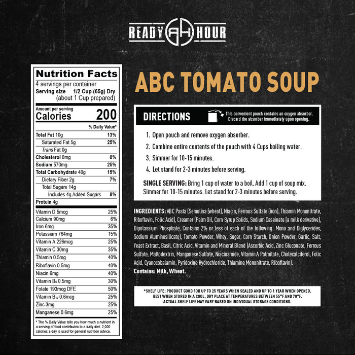 Nutrition facts and directions label for ABC Tomato Soup by Ready Hour