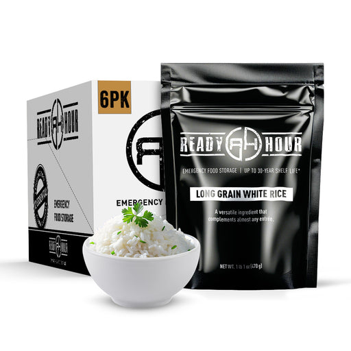 Emergency food storage package with white rice