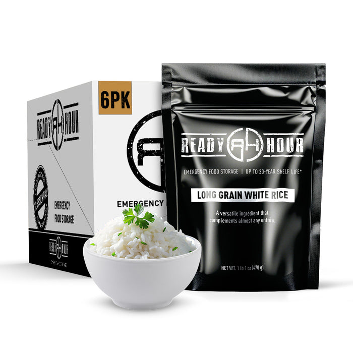 Emergency food storage package with white rice