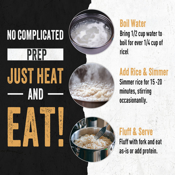 Instructions for preparing rice with images of boiling water, adding rice, and fluffing with a fork