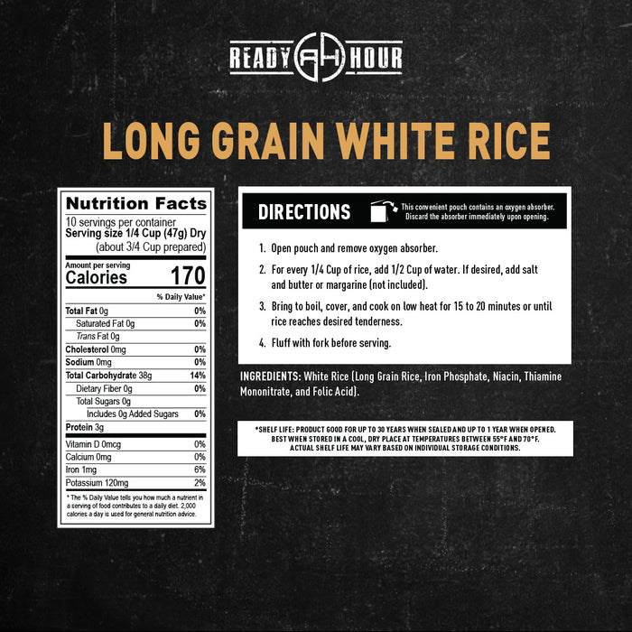 Nutrition facts and directions label for long grain white rice